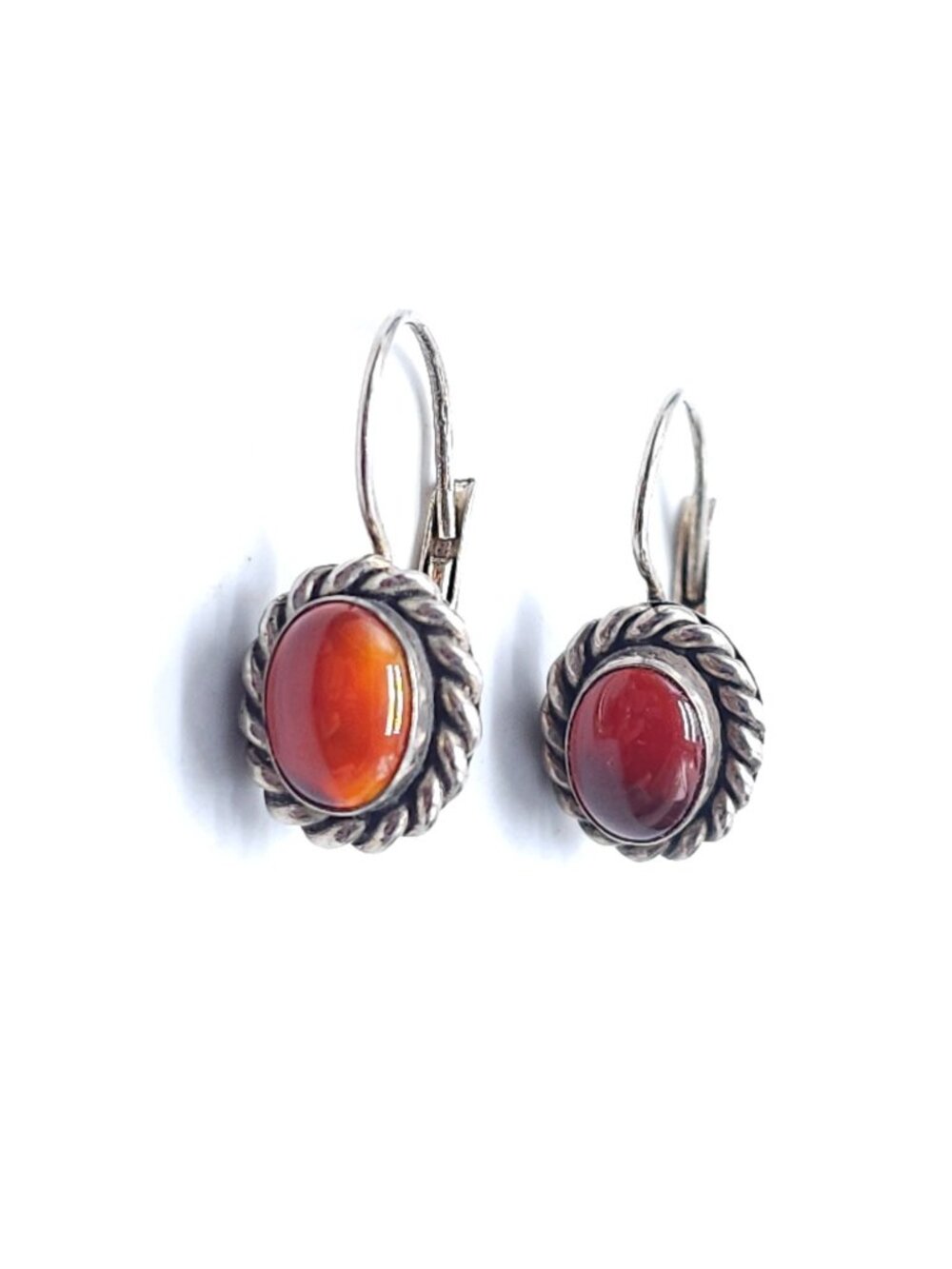 Vintage Sterling Silver Carnelian Oval Dangle Earrings With Twisted Rope Border